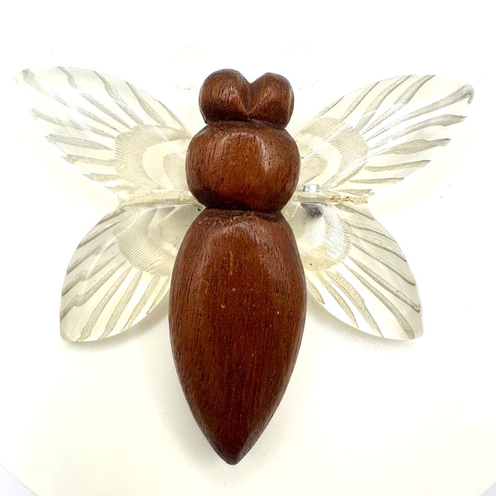 1940s retro vintage clear carved lucite brown wood large butterfly figure brooch